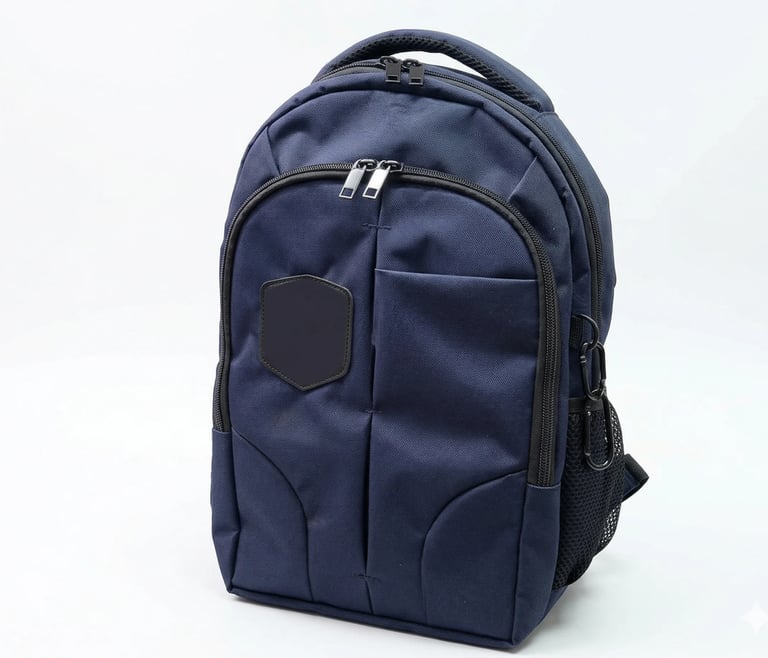 Mochila ejecutiva azul marino con asa superior reforzada, diseño resistente para oficina