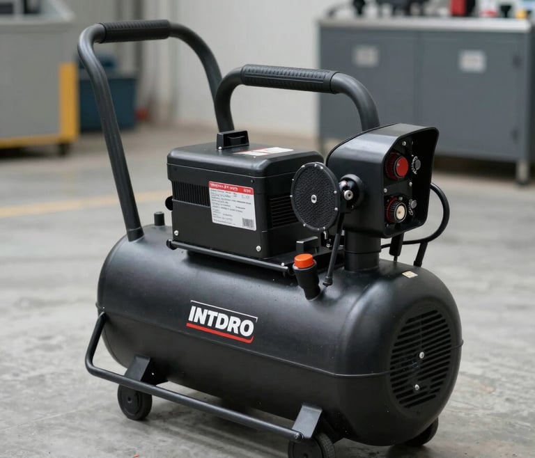 A professional technician inspecting a high-quality air compressor in a bright, modern workshop.