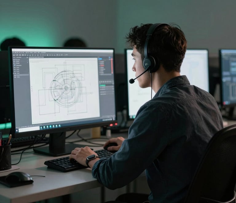 A team of developers collaborating on software code across multiple monitors in a dim, green-lit workspace.