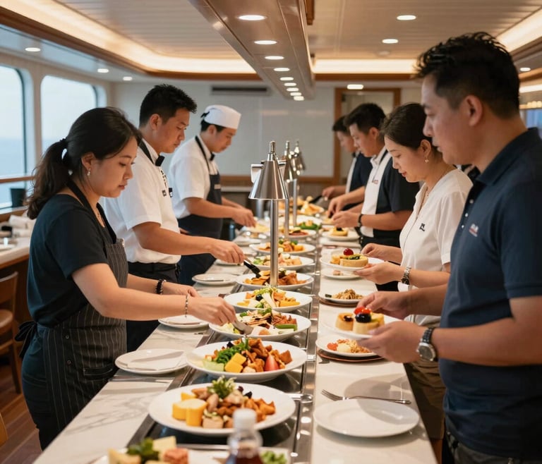 A cruise ship dining room with attentive staff serving guests with smiles.