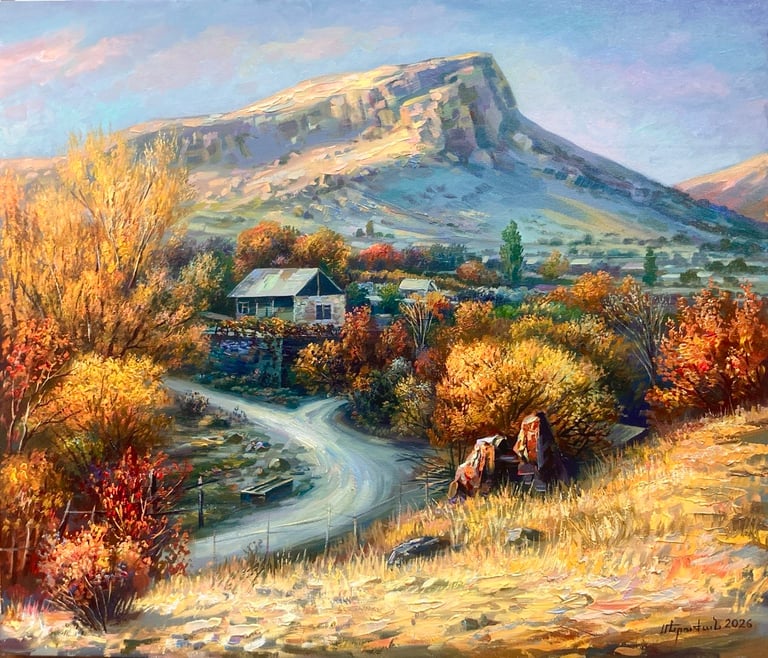 Armenian village landscape painting by Meruzhan Khachatryan featuring rural scenery and mountain vie