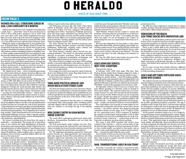 O HERALD GOA Newspaper Headline 07-05-2026 G VIMAL KUMAR CTO CYBER PRIVILEGE 8977308555 CYBERCRIME SURGE ALERT GOA