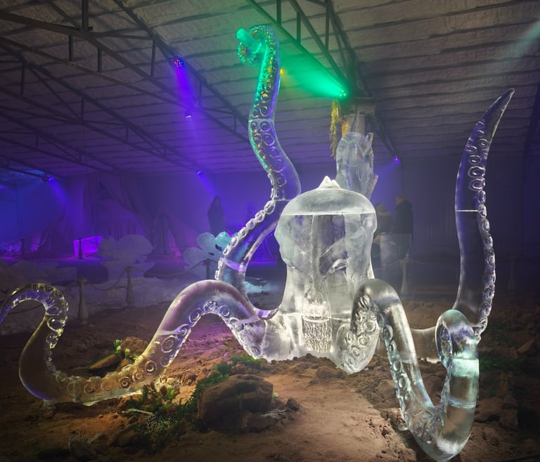 escultura de hielo de un kraken de hielo de 5 metros 