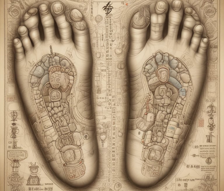 a pair of footprints in the sand of a beach