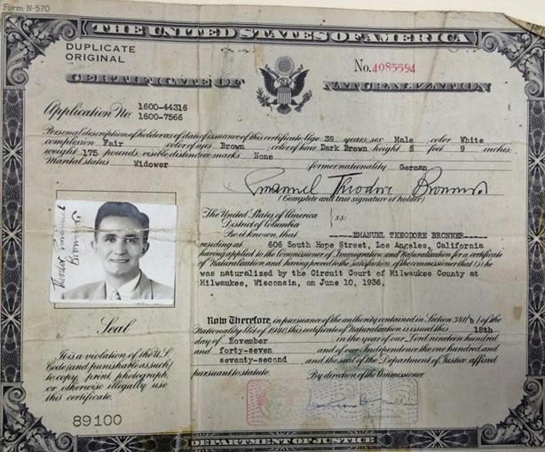 Vintage 1947 United States Certificate of Naturalization for Emanuel Theodore Bronner with ID photo.