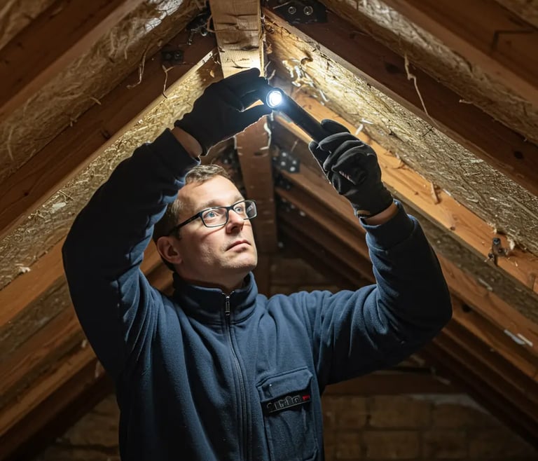 Pest control expert in Holbeach checking loft for gaps.