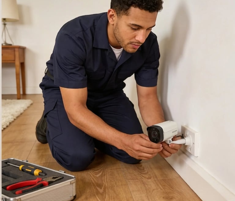 Pest control expert setting up camera in Sutton Bridge home