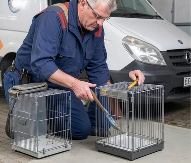 Rodent control expert preparing bait cage for home in Donington
