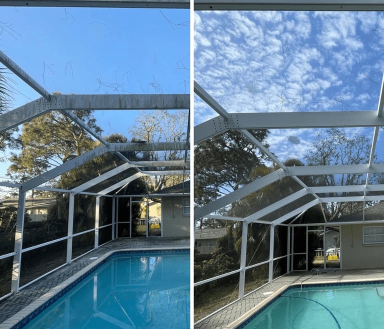Before and after pool cage cleaning in Land O Lakes FL — screens cleared of algae and buildup
