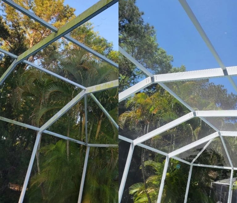 Screen enclosure cleaning in Land O Lakes FL — aluminum frame restored to like-new condition