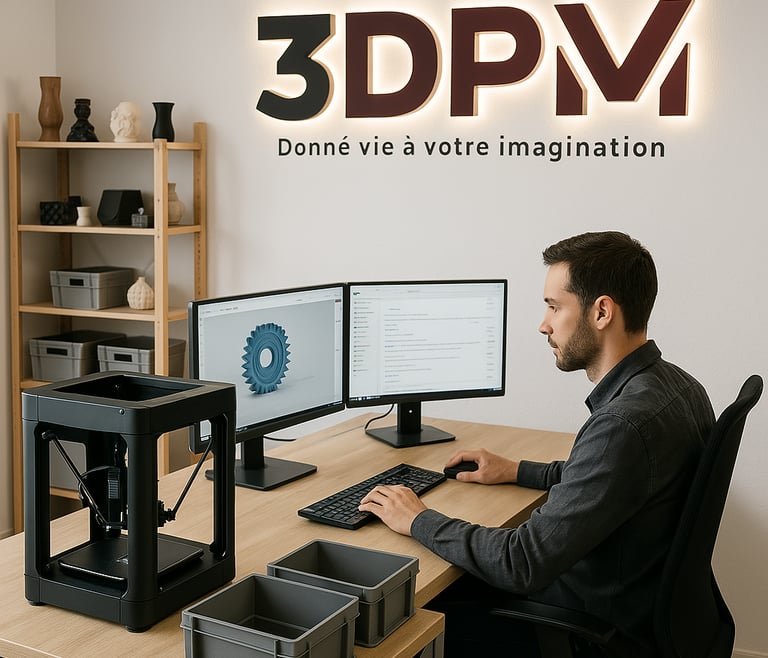Employé travaillant sur une commande client dans une boutique 3DPM, devant une imprimante 3D et deux écrans, avec le logo rét