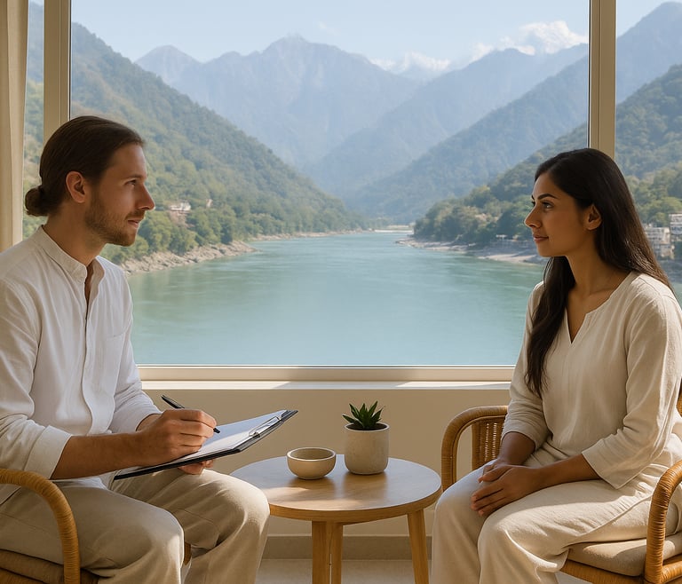 Wellness consultation with Himalayas and River Ganga view, serene professional setting