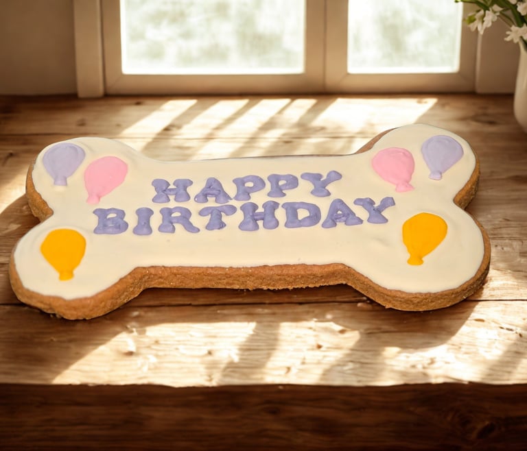 Happy Birthday Peanut Butter bone treat for a dog