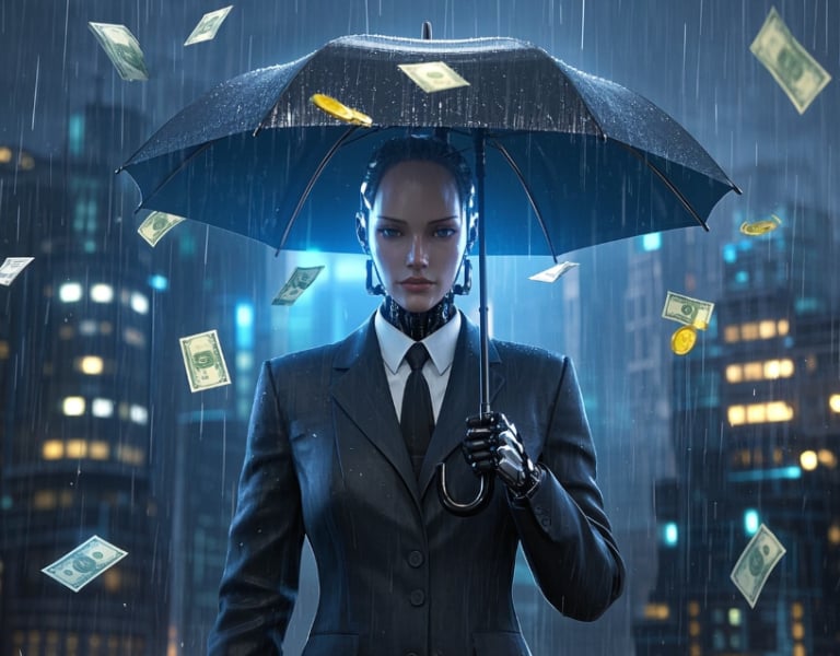 ai robot business suit holding a black umbrella raining money.