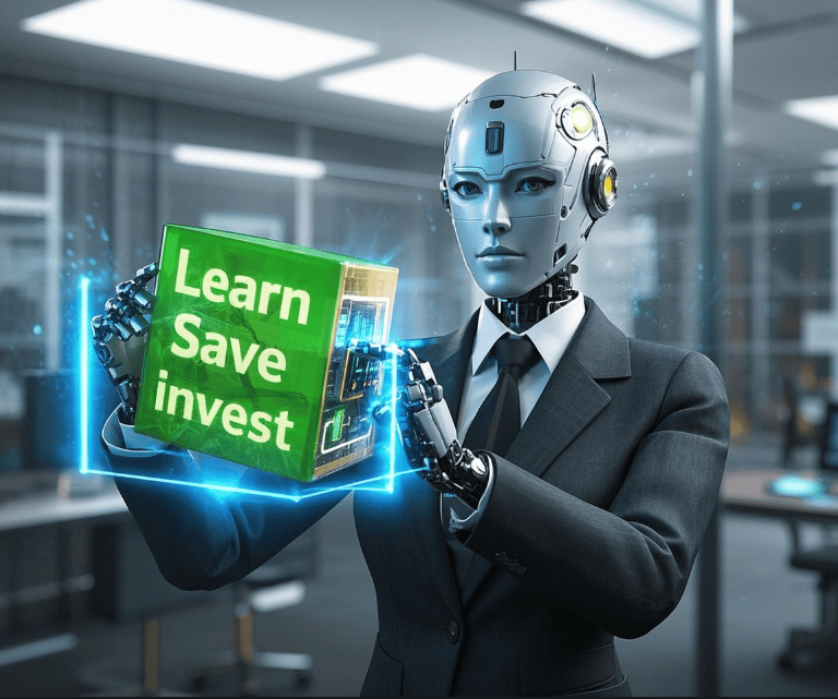 a robot in a business suit holding a box with a the words learn save invest on it.