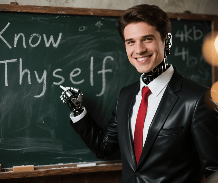 a man in black leather suit, red tie, writing on chalkboard, 'know thyself.'