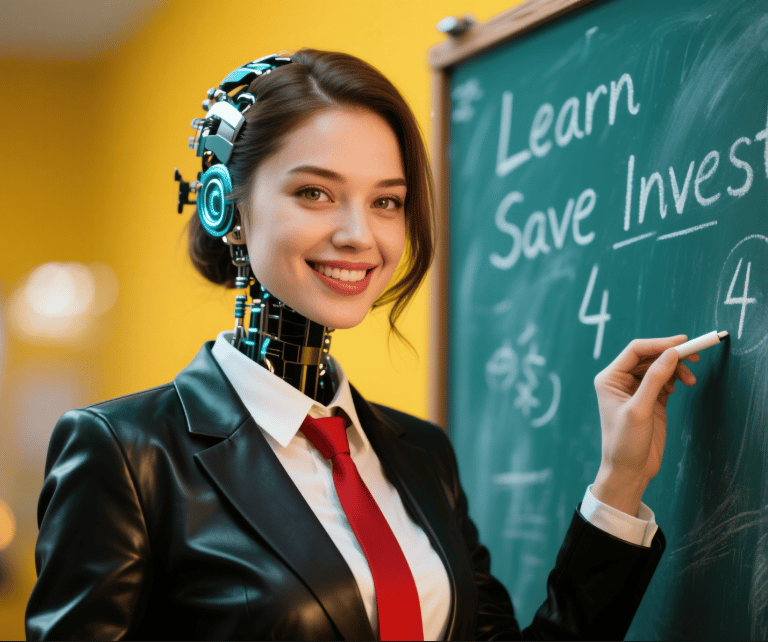 a woman in black leather suit, red tie, writing on chalkboard, learn, save, invest.