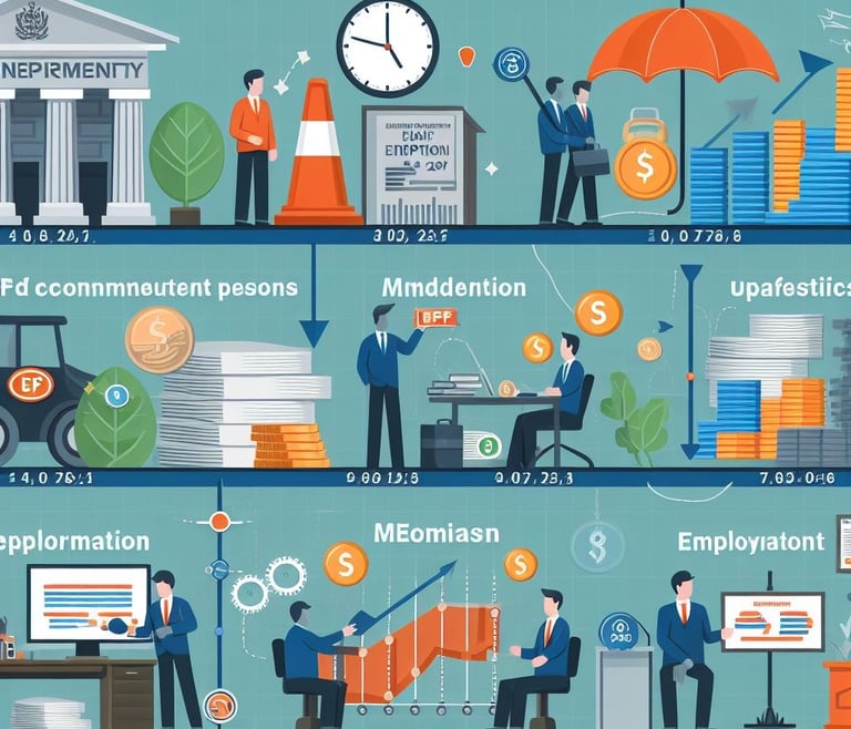 Timeline graphic of major amendments to the EPF Act and their impacts on employee benefits.
