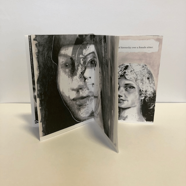 centre pages of a zine with portraits of a lady. muted pastel colours and black ink.