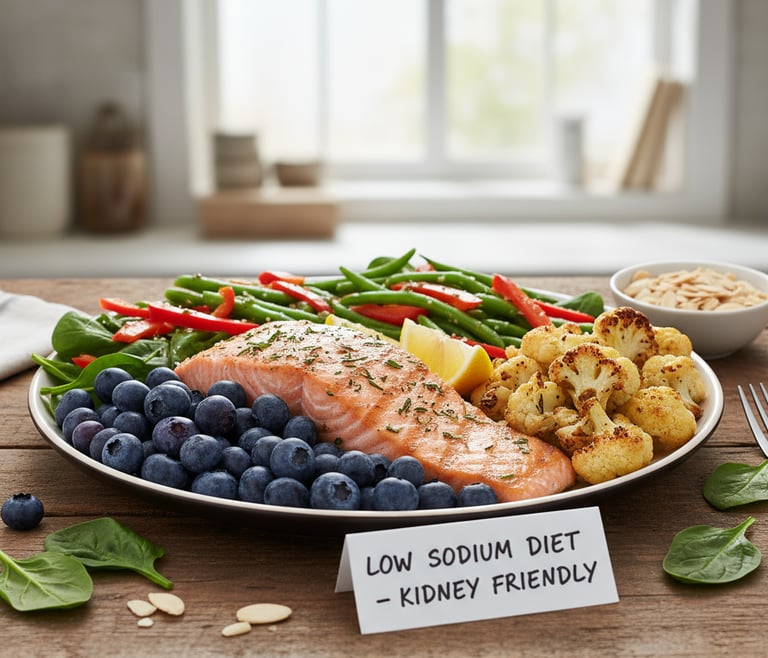 Kidney-friendly foods including blueberries, cauliflower, and fish for optimal kidney health