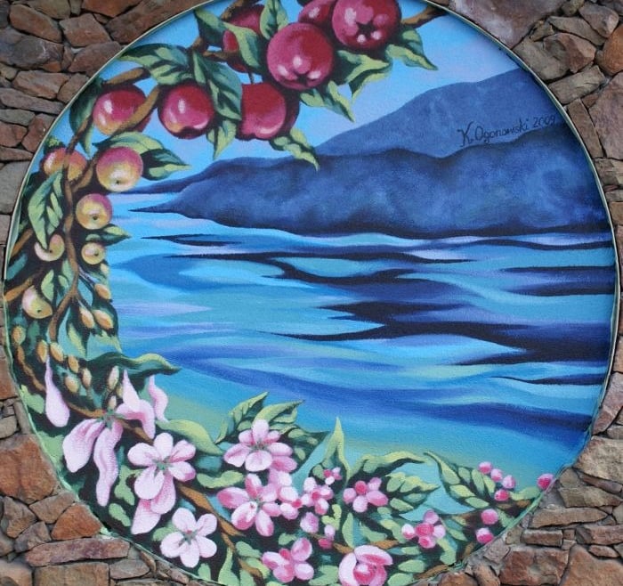 Art, Mural, outdoor, acrylic painting, public space, Vernon, Metamorphosis, Kalamalka, apples