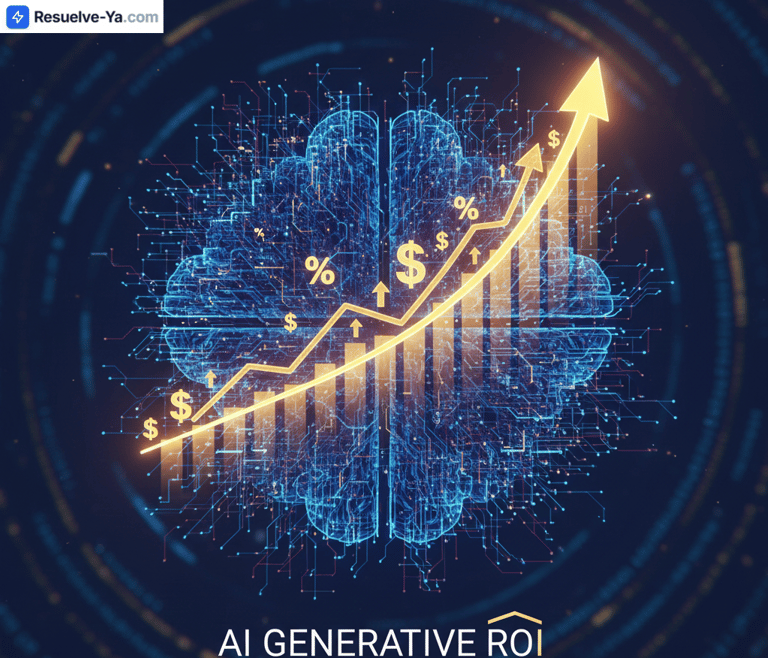 Cerebro digital con gráfica de crecimiento dorado y símbolos de moneda, título AI Generative ROI.