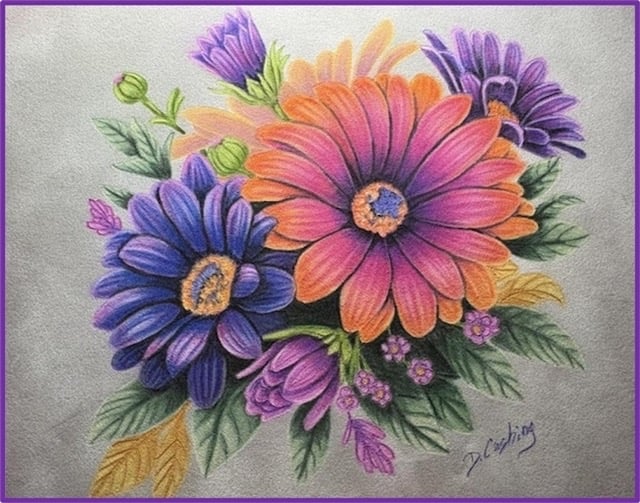 Debbie Cushing's design called "Vibrant Daisies", colored pencil