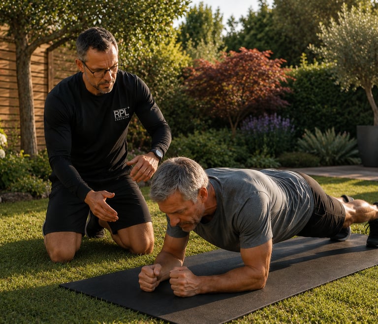Séance de gainage d'un client RPL+ dans son jardin, sous les yeux du coach en sécurité