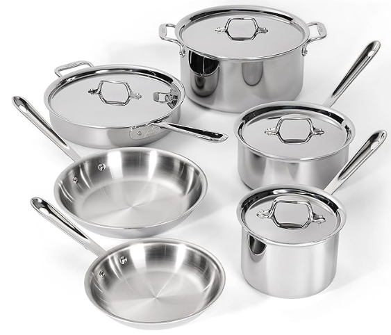 The All-Clad D3 stainless steel cookware set featuring pots and pans on a clean white background.