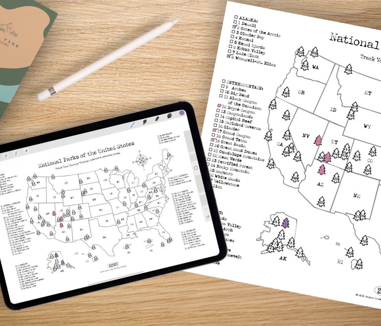 Printable National Parks Map Checklist showing all 63 parks