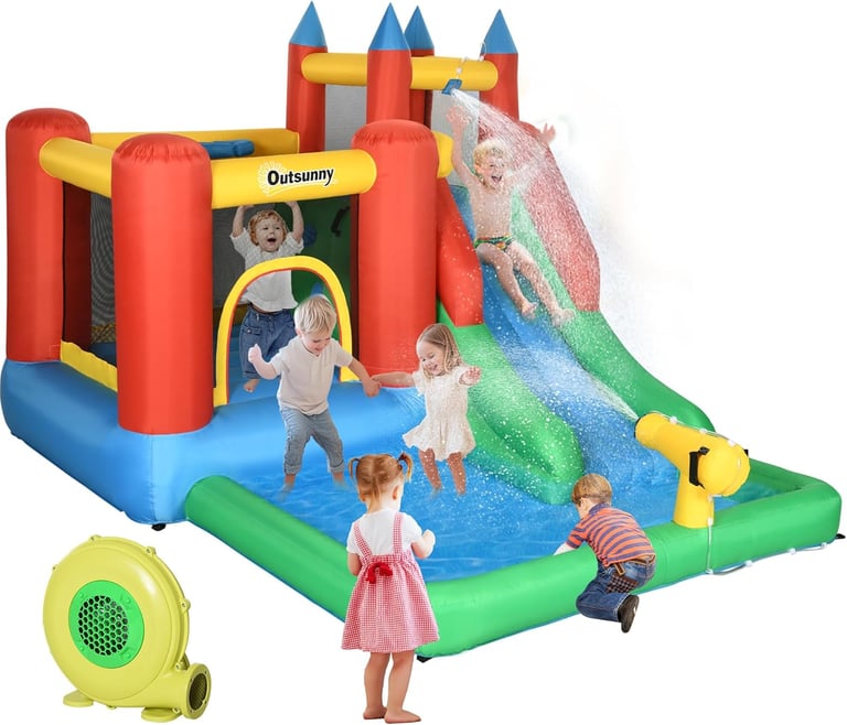 Outsunny 6-in-1 Inflatable Water Slide with Splash Pool, Slide, Climbing Wall, Water Cannon, Inflata