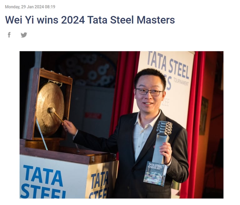 Wei Yi wins 2024 Tata Steel Masters. FIDE Chess. China Chess.