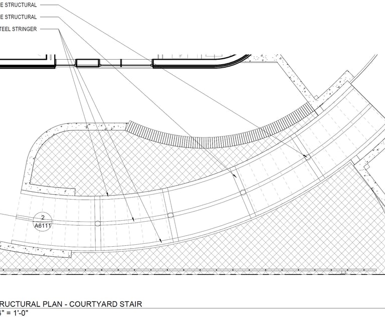 An architectural drawing of a curving stair