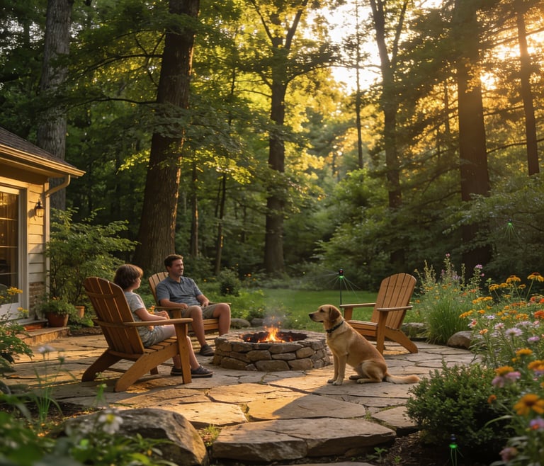 Riverwoods IL family in a wooded lawn treated by Evergreen Organic Mosquito Control