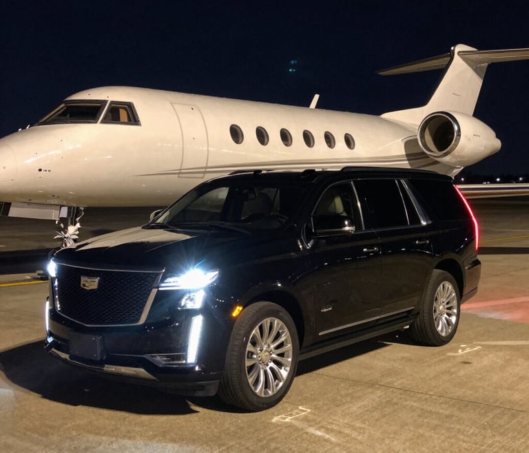 Luxury black Cad SUV providing airport chauffeur service next to a private jet on a tarmac at night.