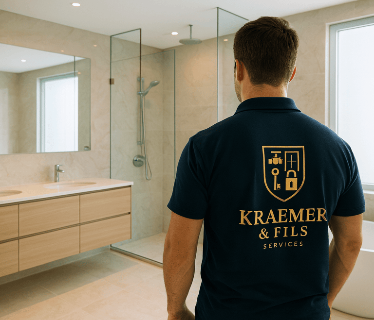 a man in a blue shirt and a white tub tub in a bathroom