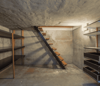 a staircase leading to a basement with a staircase leading up to a second floor
