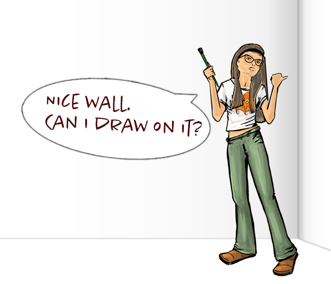 Cartoon of Kathy LaFollett, muralist, saying, "Nice wall. Can I draw on it?"