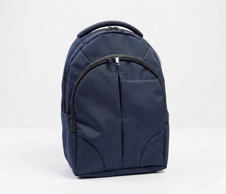 Mochila ejecutiva azul marino con compartimento frontal, ideal para laptop y uso diario