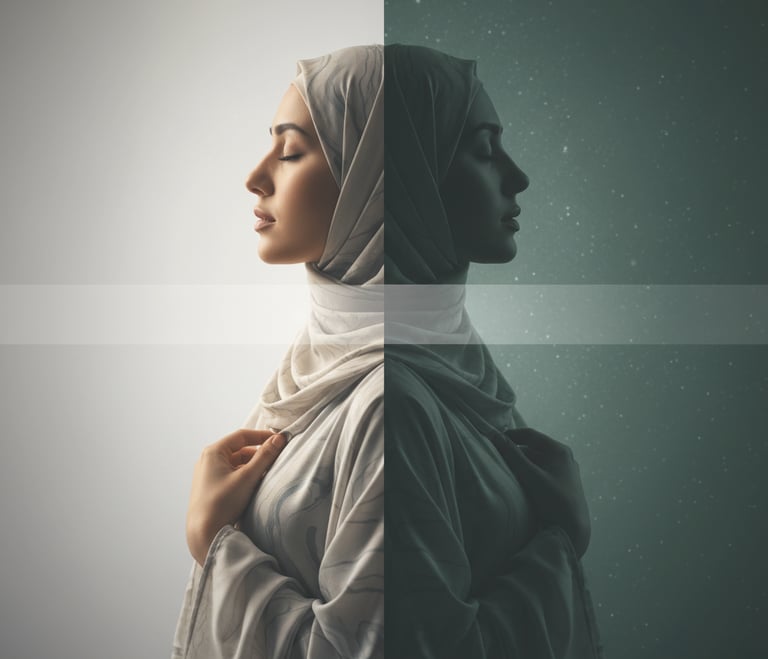 Split image showing inner conflict between avoidance and awareness in a Muslim woman.