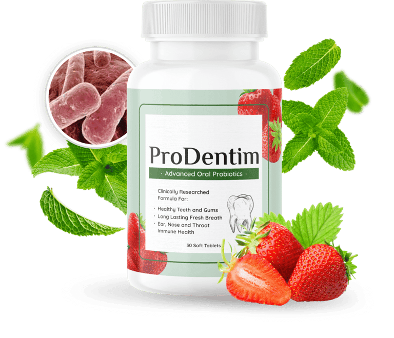 ProDentim probiotic supplement bottle with strawberries, mint leaves, and oral bacteria illustration