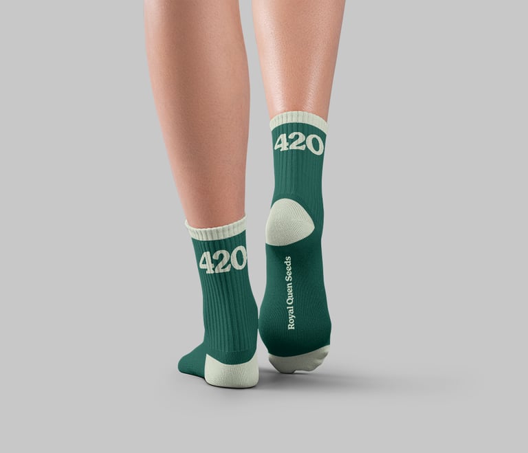 Green 420 crew socks by Royal Queen Seeds worn on feet against a gray background.
