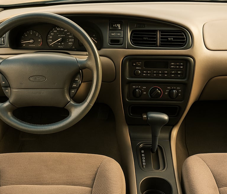 Interior do Ford Taurus 1995 com volante original, painel digital e câmbio automático, iluminação na