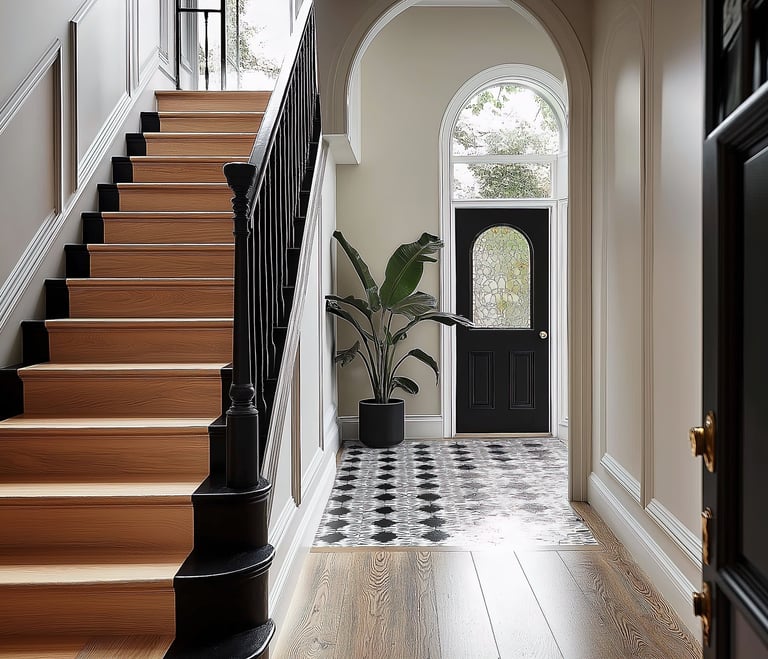 a hallway with a black door and a black door