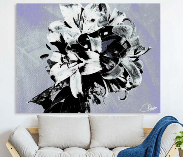 Canvas Print with a Bouquet of silver Lilies on it wth a couch underneath this 