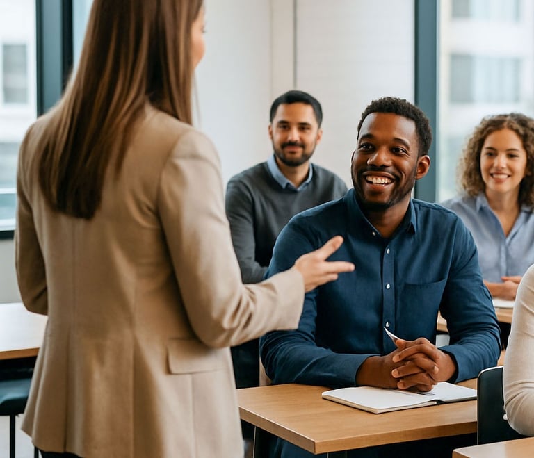 Professional coaching session with a diverse group of adults attentively listening to a female speaker in a classroom