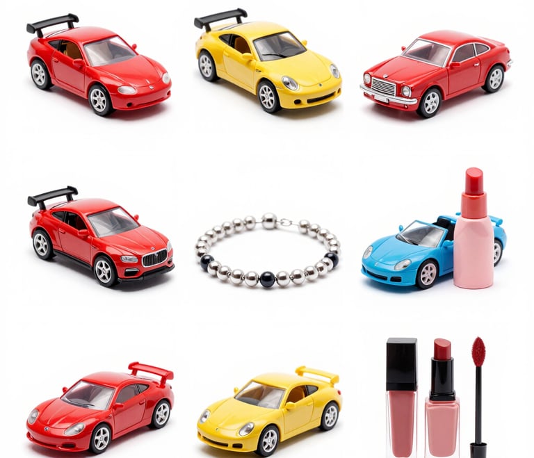 A collection of die-cast toy cars in red and yellow, a beaded bracelet, and pink lipstick cosmetics.