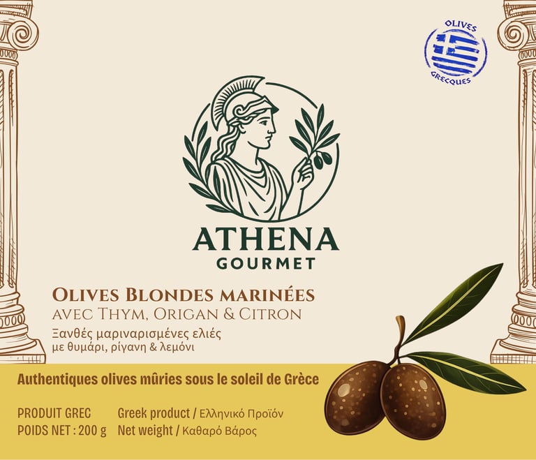 Olives blondes amfissa marinées avec thym, origan et citron