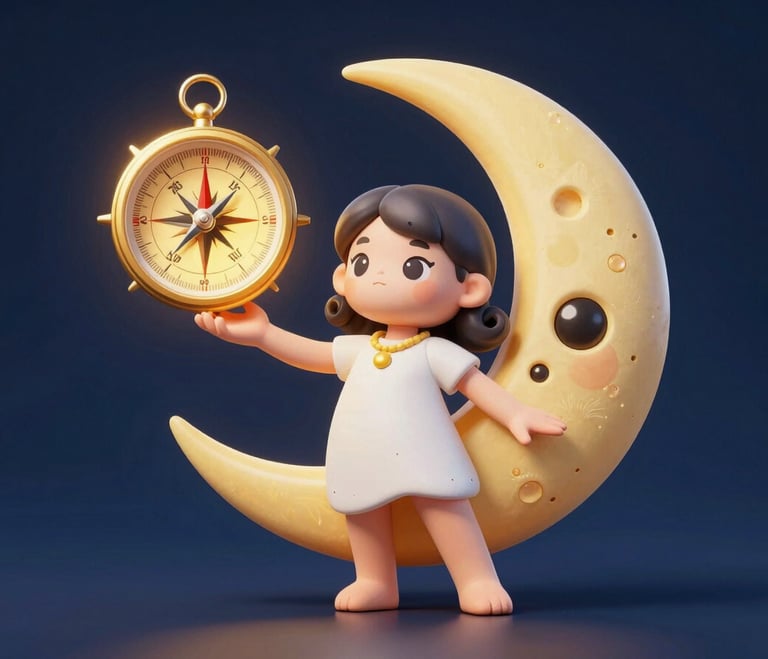 Clean vector mockup of the comic-style Losna moon goddess mascot holding a glowing yellow compass, deep midnight-blue background.