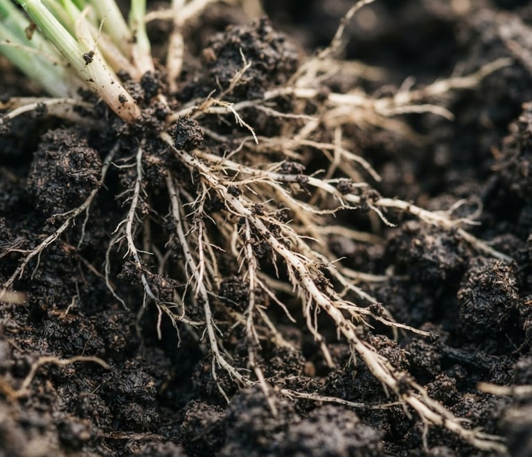 Macro shot of healthy crop roots in rich dark soil, natural morning daylight, shallow depth of field, 35mm